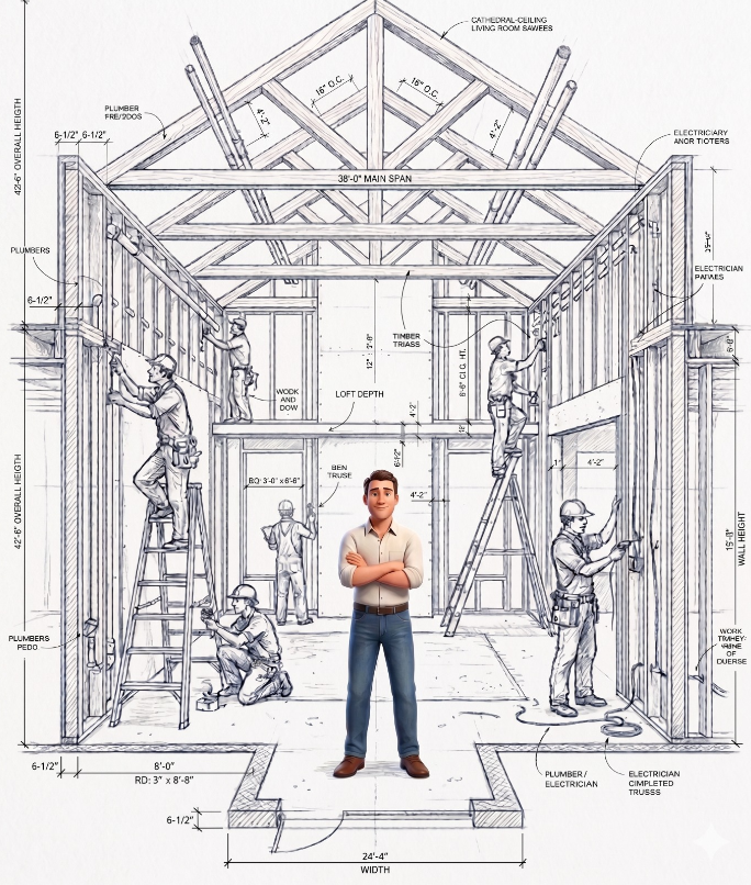 Plan d'architecture annoté avec un propriétaire au centre du chantier